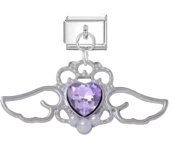 Amethyst Silver Winged Heart Gem Charm
